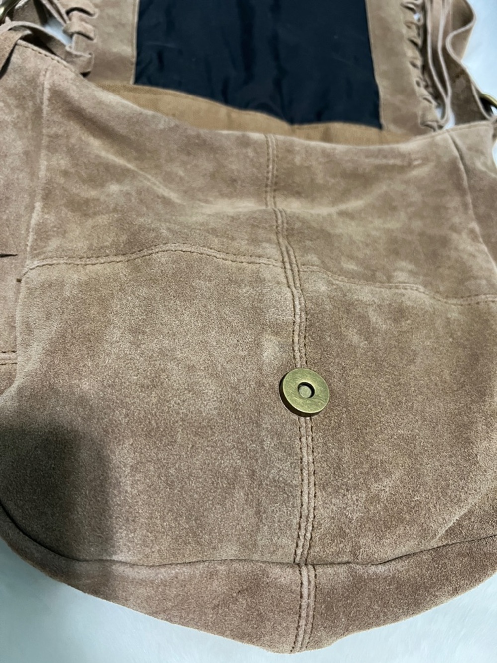 Forever 21 Genuine Cowhide Suede Fringe Crossbody Handbag Light Brown - Picture 6 of 13
